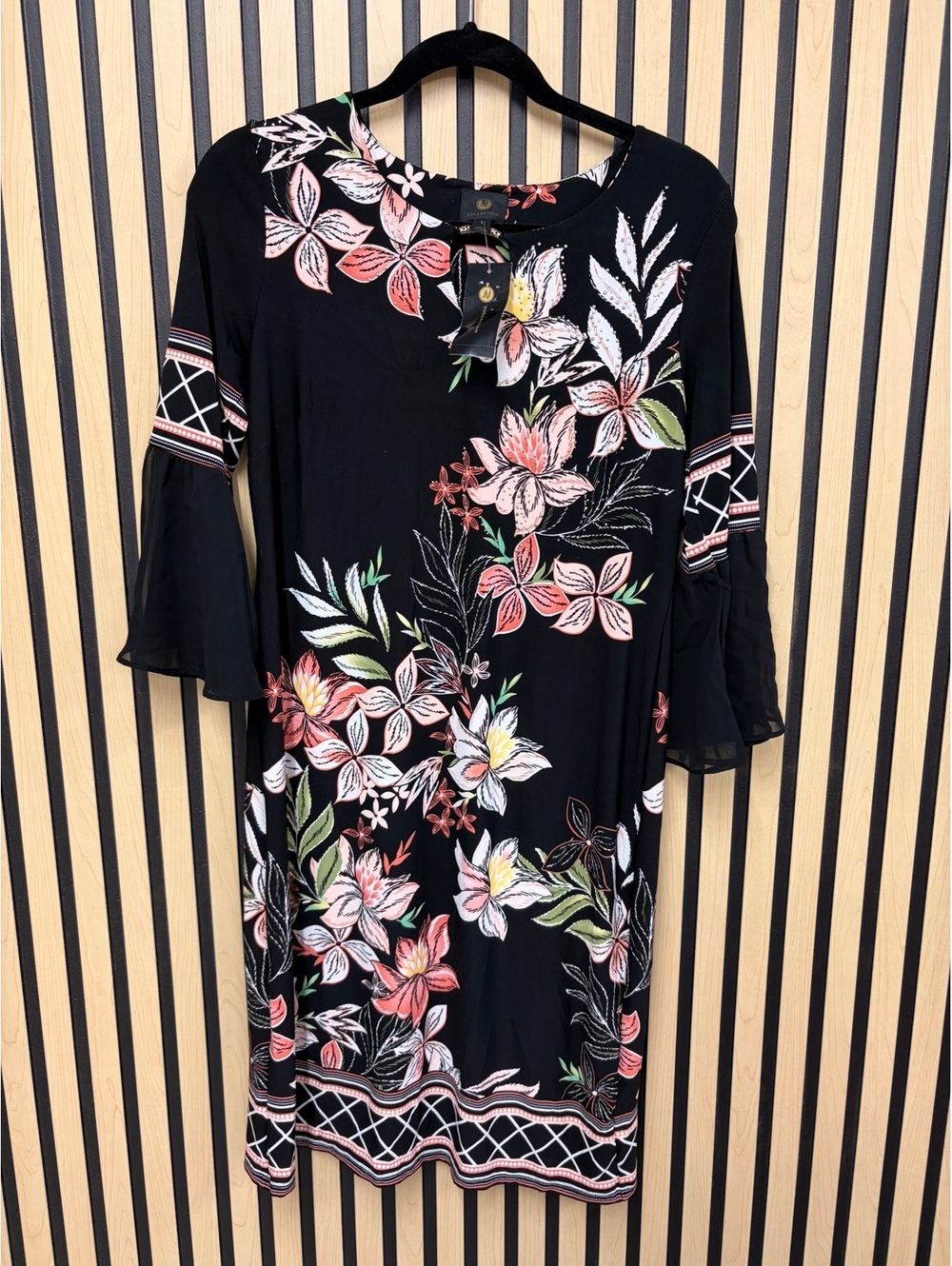 JM Collection Black Floral Bell Sleeve Dress Size Small